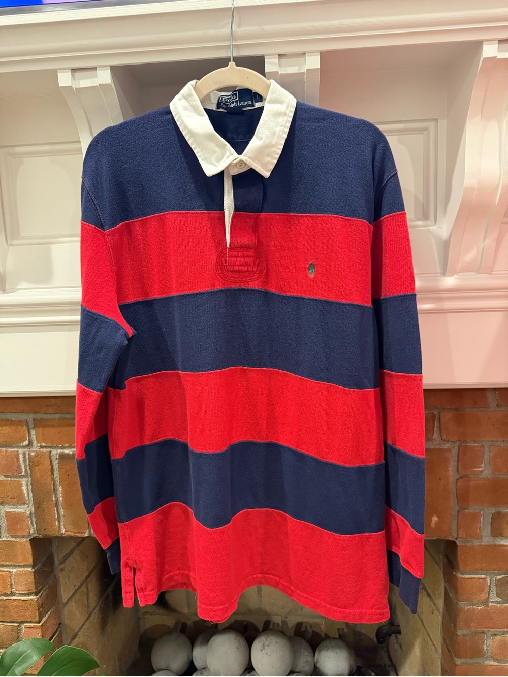 Vintage Polo by Ralph Lauren Red & Navy Wide-Stripe Rugby Shirt Prep Academia